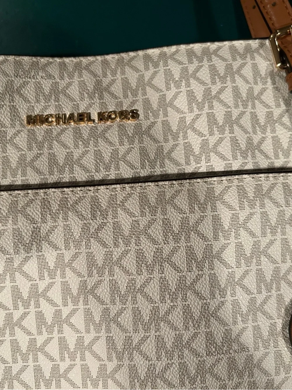 Michael Kors Cream Logo Tote with Tan Leather Trim
